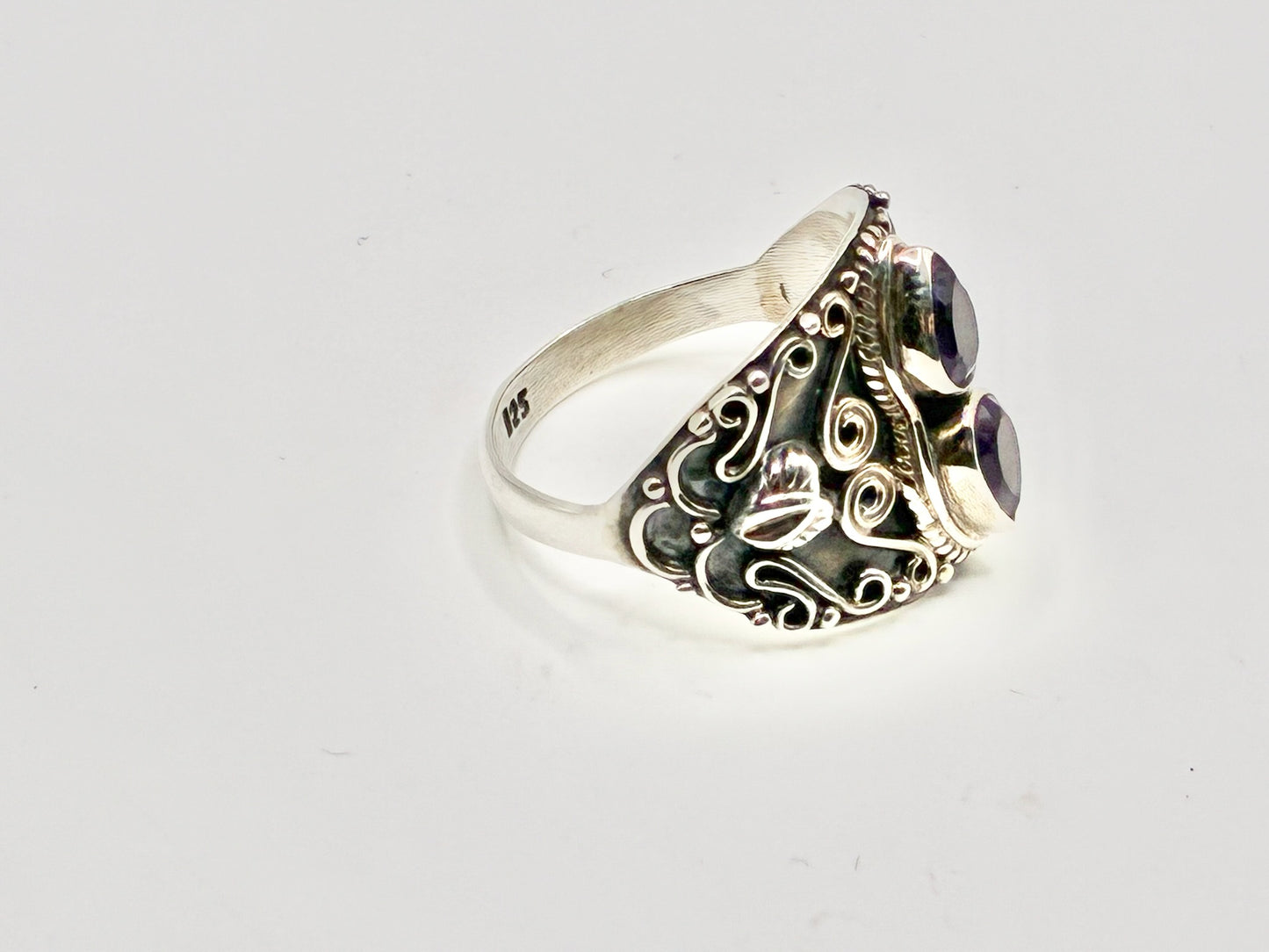 Sterling Silver Amethyst Statement Ring – Bold Ornate Filigree – Size 8.5