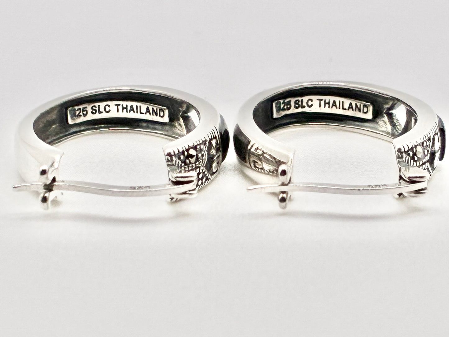 Tori Hill SLC Sterling Silver Marcasite & Black Onyx Oval Hoop Earrings