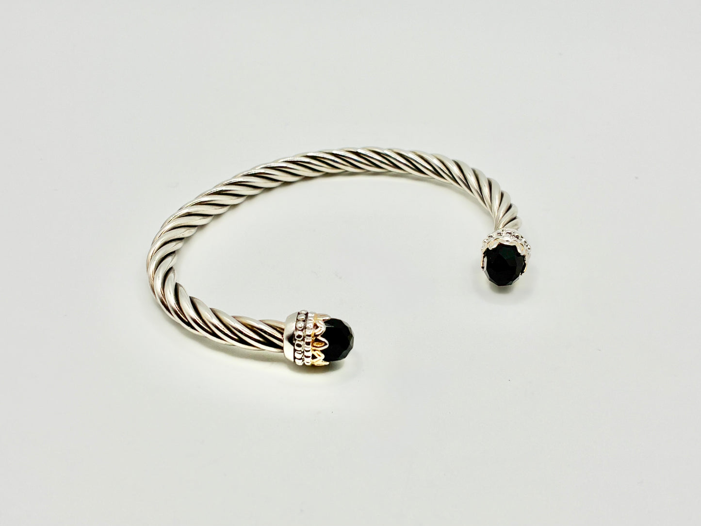 Sterling Silver & Gold-Tone Faceted Black Stone Cable Cuff Bracelet