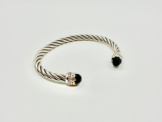 Sterling Silver & Gold-Tone Faceted Black Stone Cable Cuff Bracelet