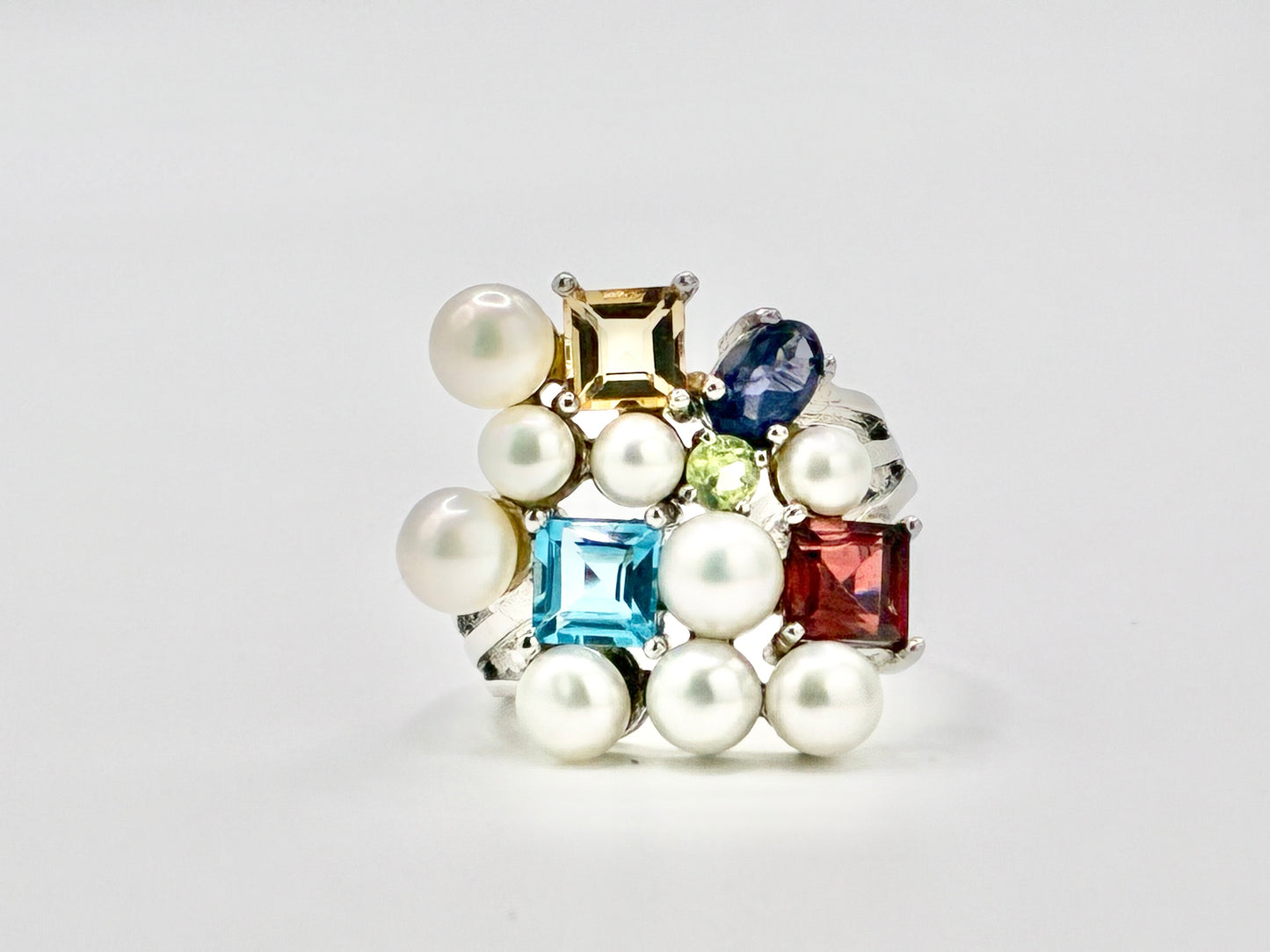 Sterling Silver Cultured Pearl & Multicolor Gemstone Cluster Ring – Size 7.25