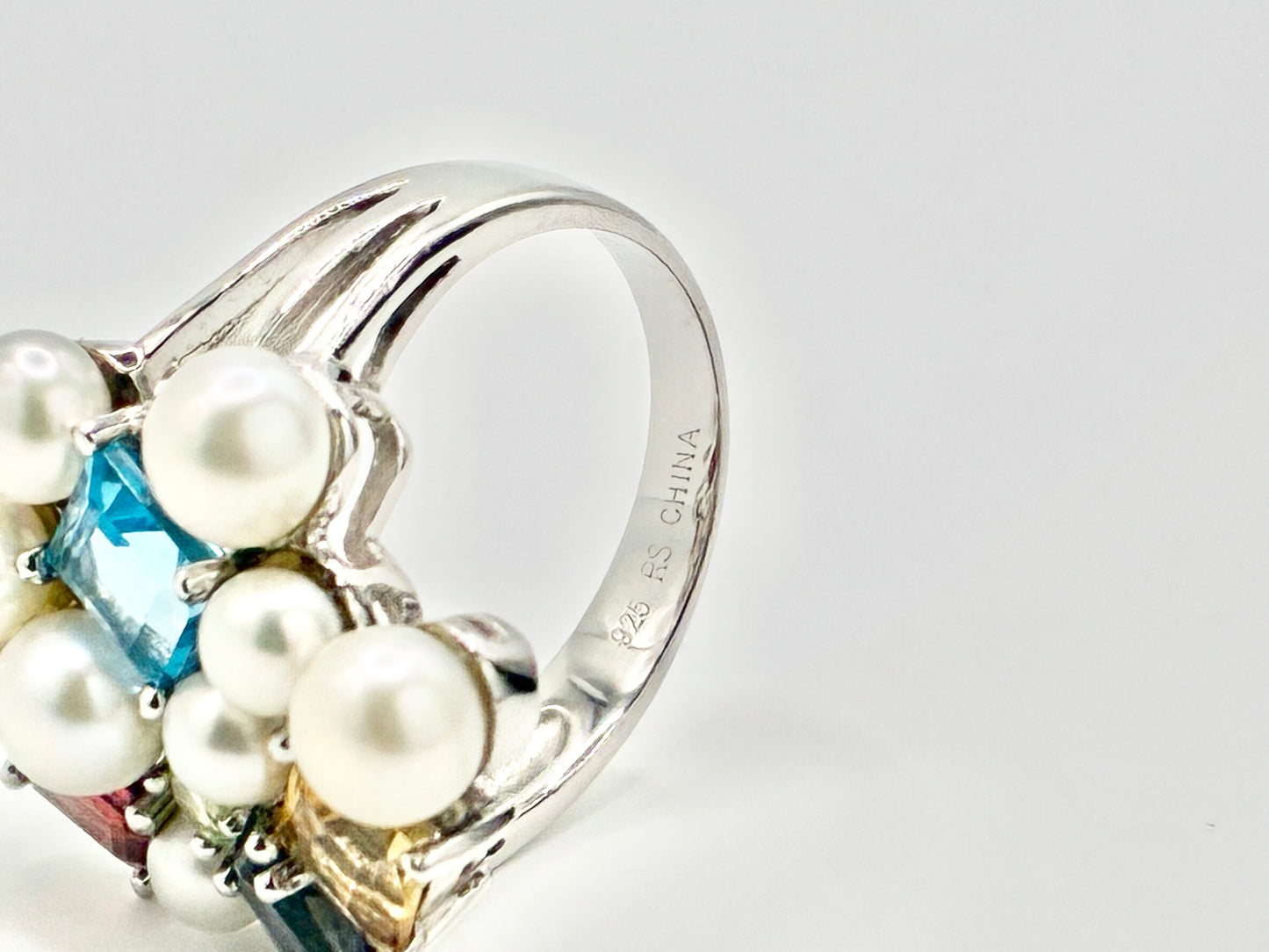 Sterling Silver Cultured Pearl & Multicolor Gemstone Cluster Ring – Size 7.25