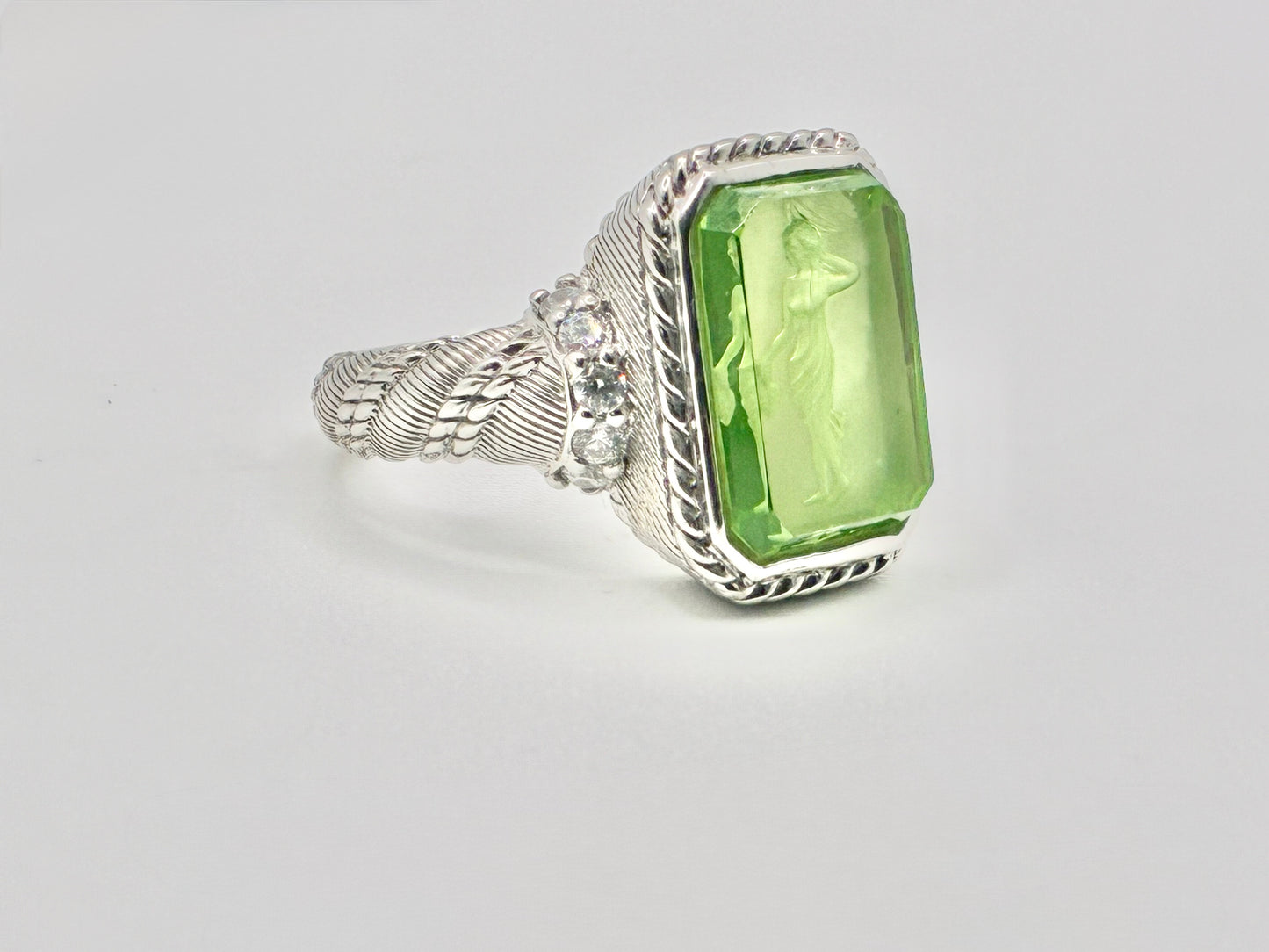 Judith Ripka 925 Greek Goddess Intaglio Ring — Peridot-Green Crystal — Size 7