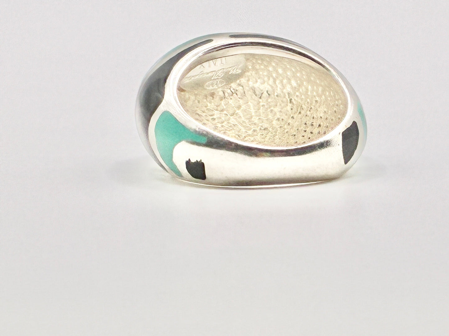 Flli Menegatti Italy Sterling Silver Enamel Ring – Black & Turquoise Modernist Band