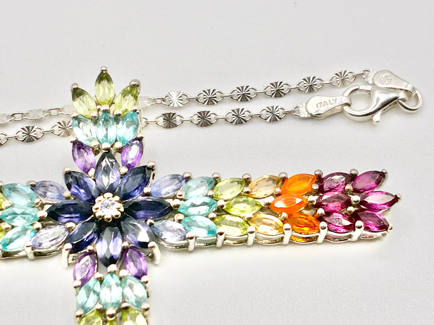 Italian Sterling Silver Multi-Stone Cross Pendant & Chain 20"