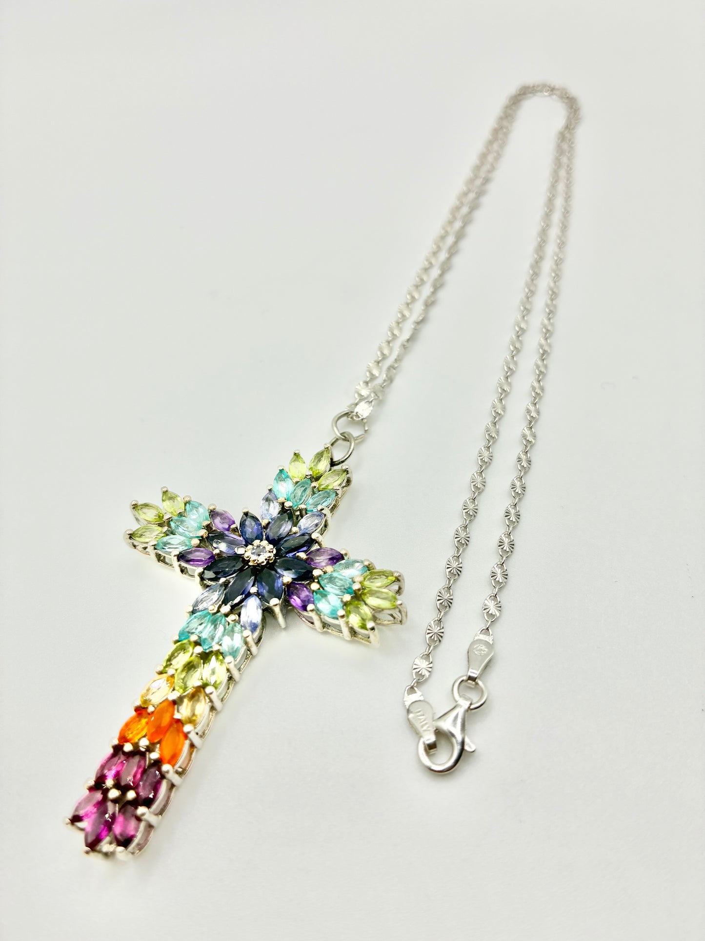 Italian Sterling Silver Multi-Stone Cross Pendant & Chain 20"