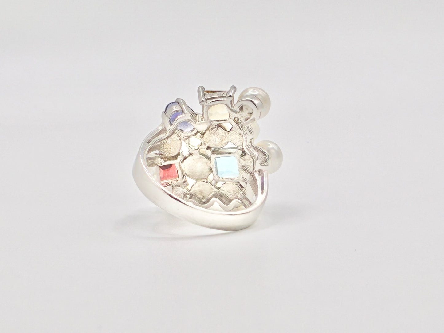 Sterling Silver Cultured Pearl & Multicolor Gemstone Cluster Ring – Size 7.25