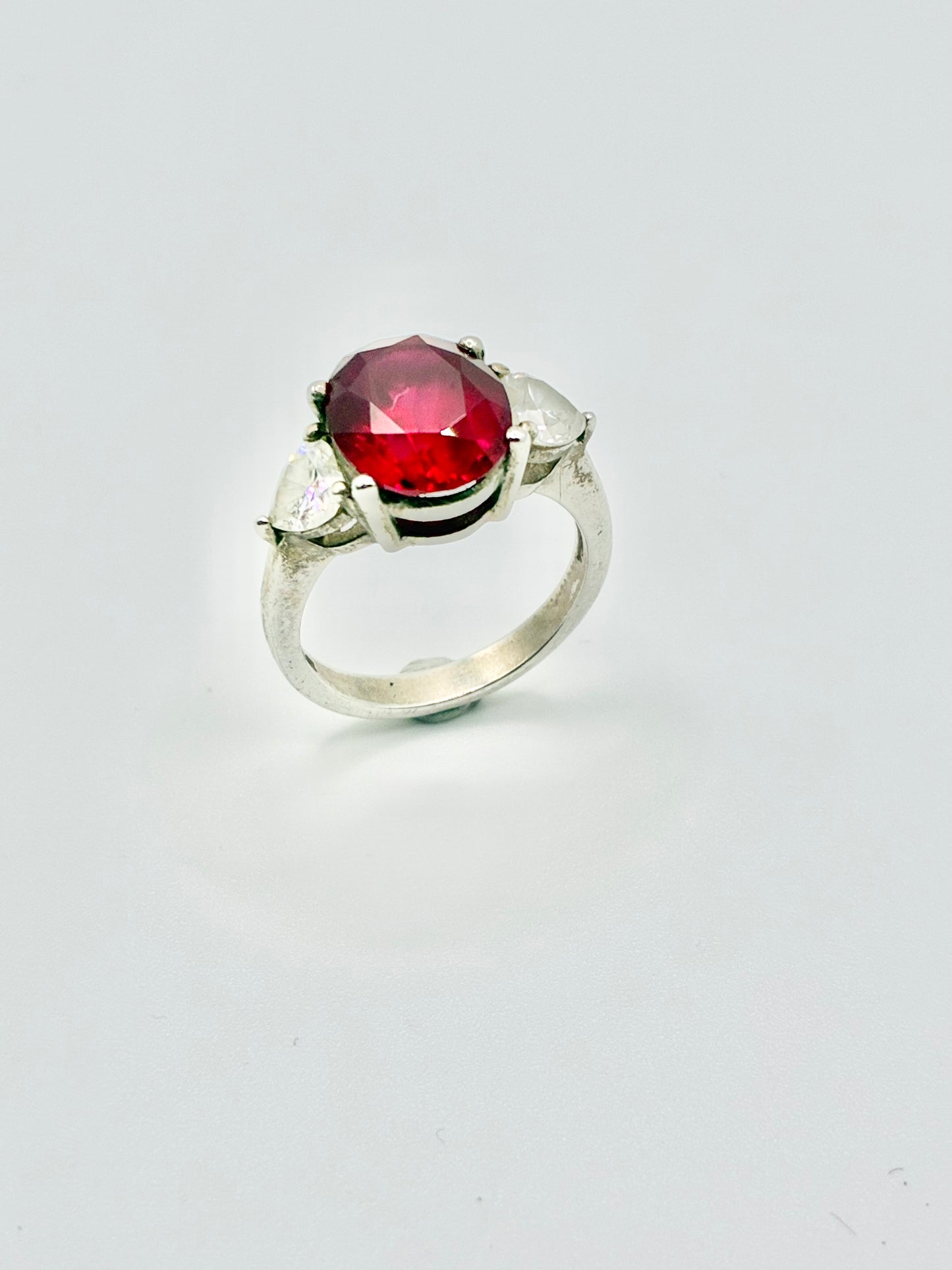 Silver Red and White Stone Ring - Size 5.75