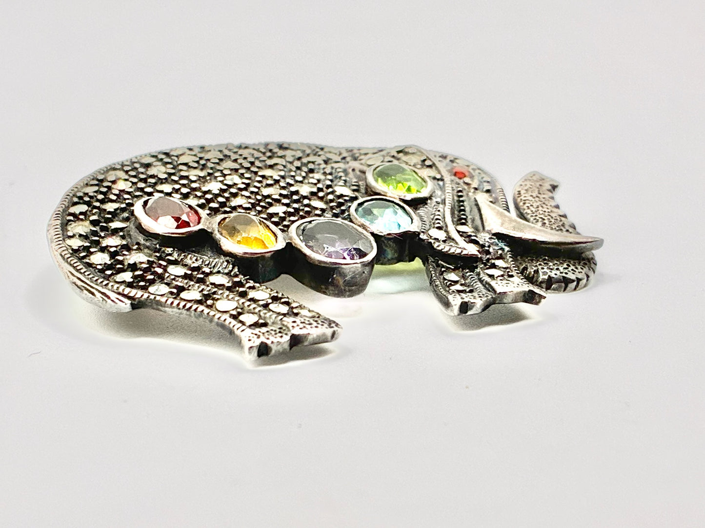 Sterling Silver Marcasite Elephant Brooch Pin – Multi Stone Statement – 925 Silver