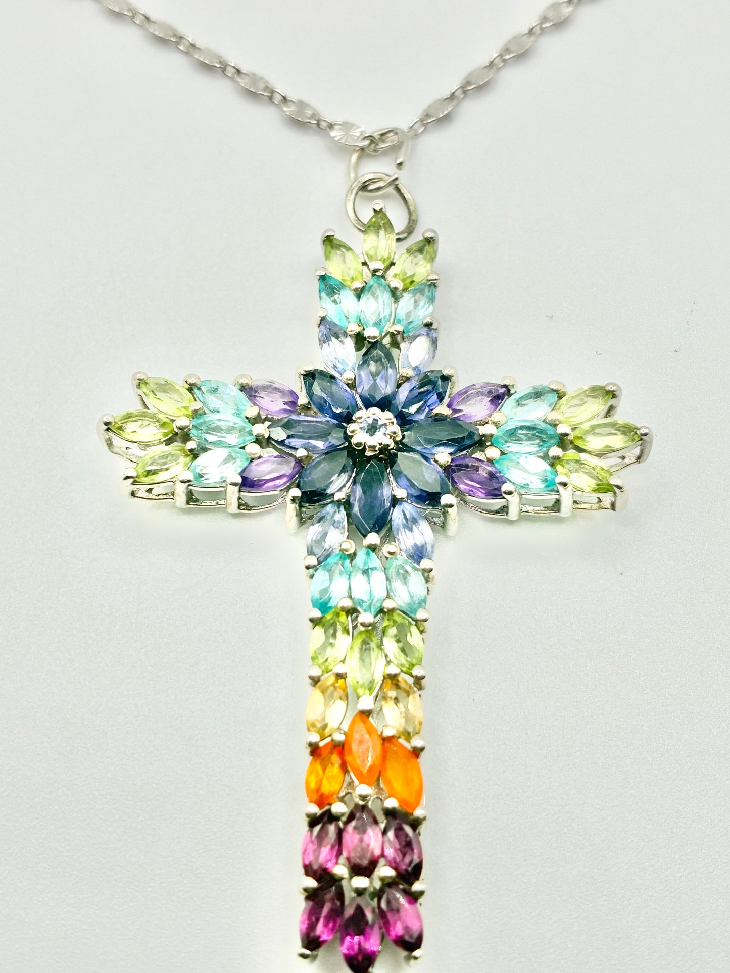Italian Sterling Silver Multi-Stone Cross Pendant & Chain 20"