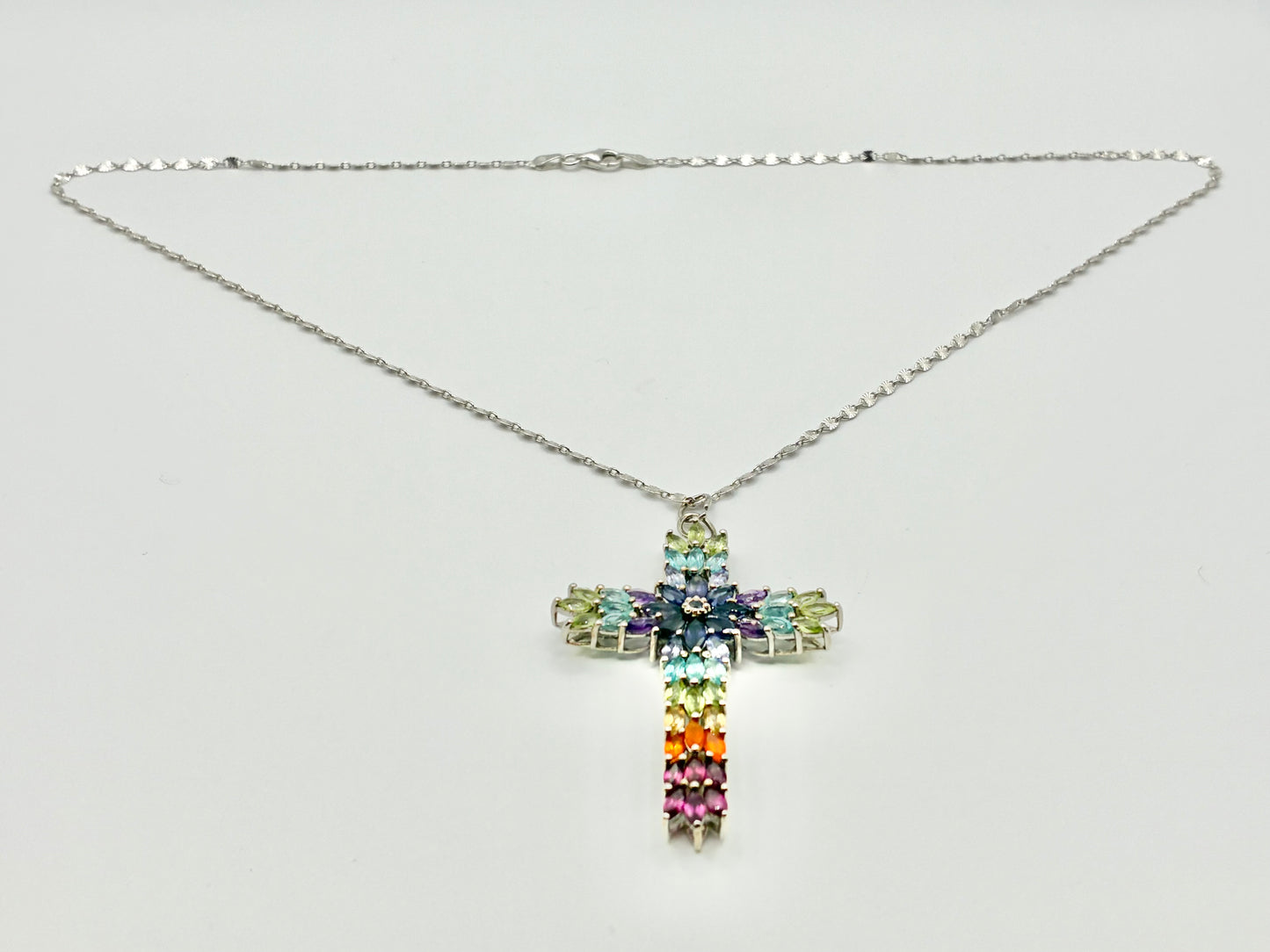 Italian Sterling Silver Multi-Stone Cross Pendant & Chain 20"