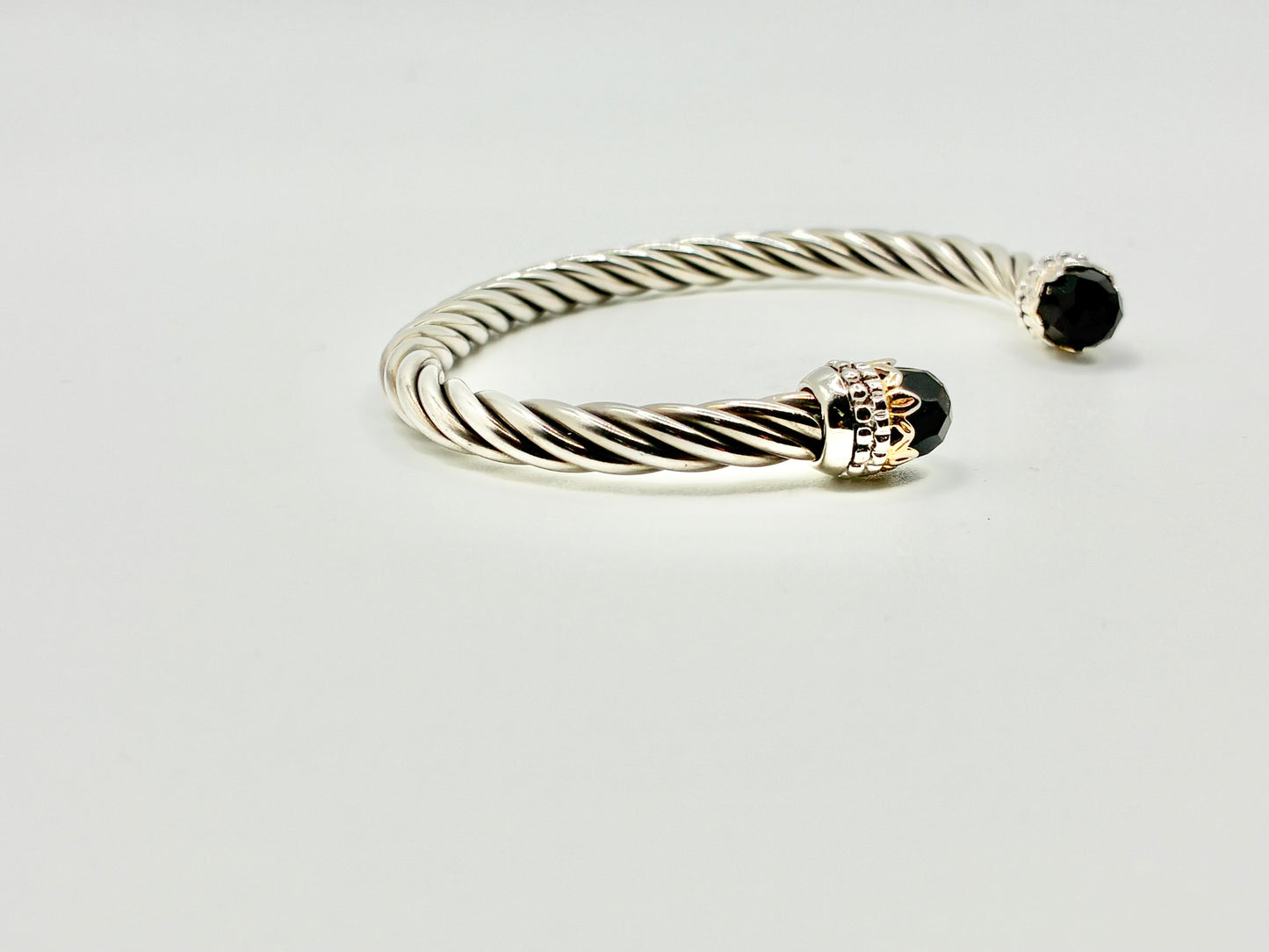 Sterling Silver & Gold-Tone Faceted Black Stone Cable Cuff Bracelet