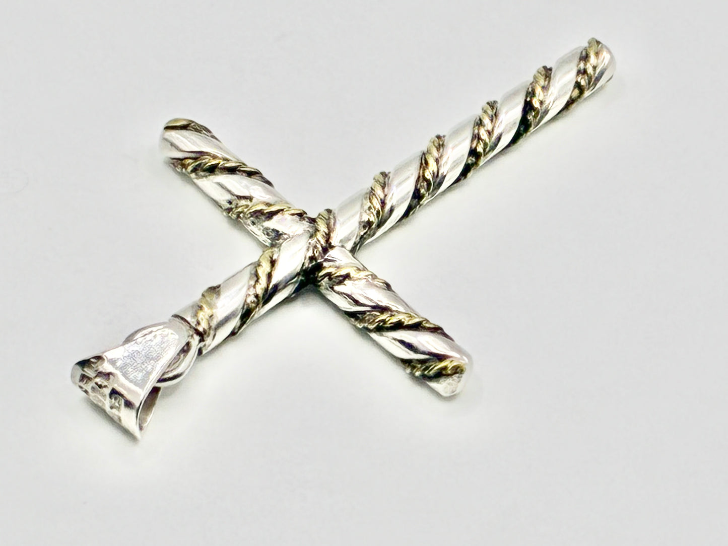 Mexico 925 Sterling Silver Cross Pendant – Twisted Rope Bars, Gold-Tone Accents