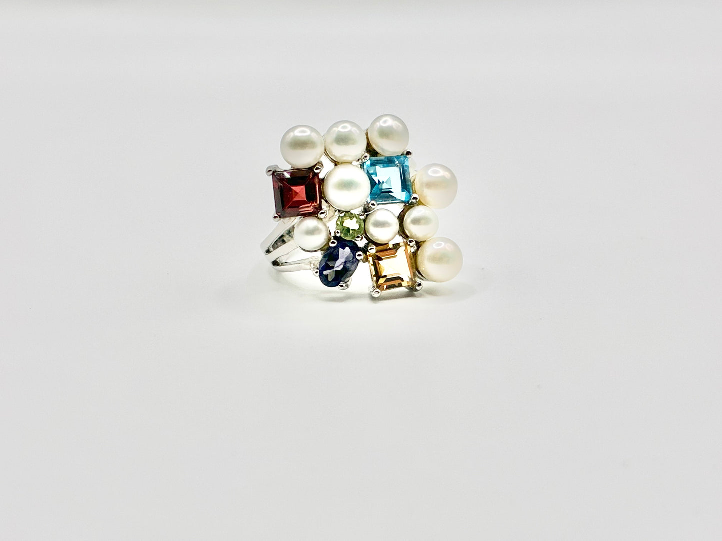 Sterling Silver Cultured Pearl & Multicolor Gemstone Cluster Ring – Size 7.25
