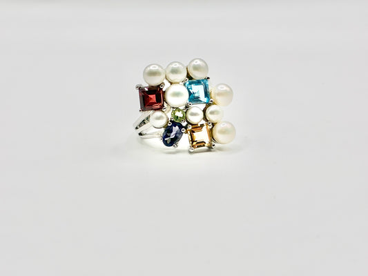 Sterling Silver Cultured Pearl & Multicolor Gemstone Cluster Ring – Size 7.25