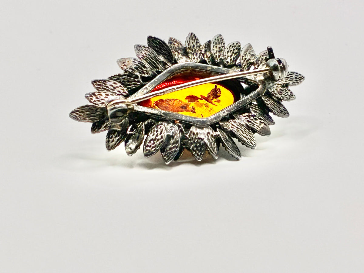 925 Sterling Silver Amber Floral Leaf Brooch Pin