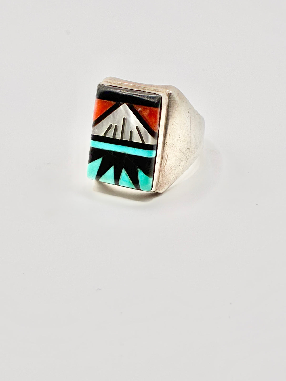 Zuni Sterling Silver Turquoise Jet Spiny Oyster Channel Inlay Ring Size 12