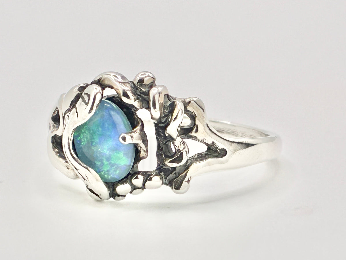 Sterling Silver Blue Cabochon Floral Scroll Ring – Size 12
