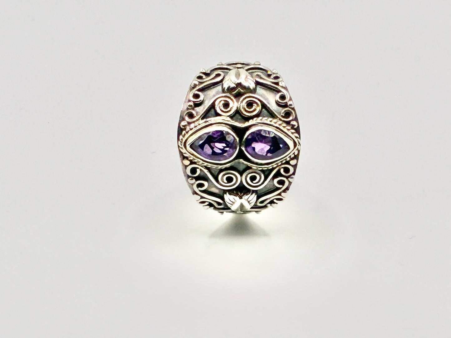 Sterling Silver Amethyst Statement Ring – Bold Ornate Filigree – Size 8.5