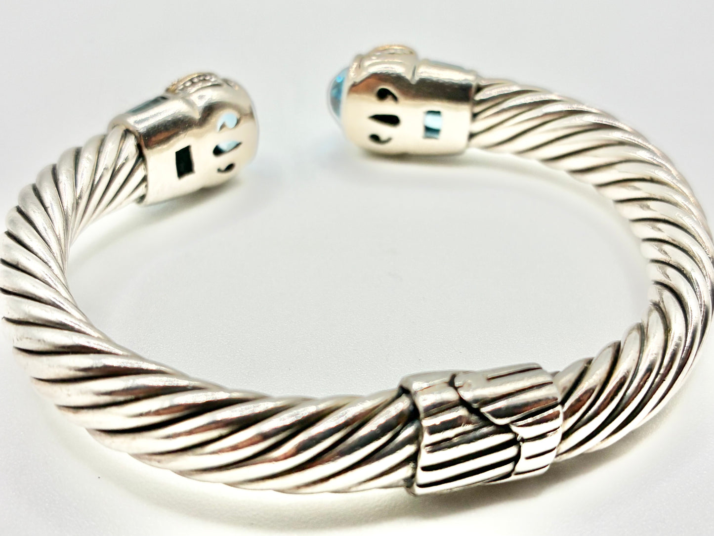 925 & 14K Two-Tone Cable Cuff Bracelet with Blue Gemstone Finials
