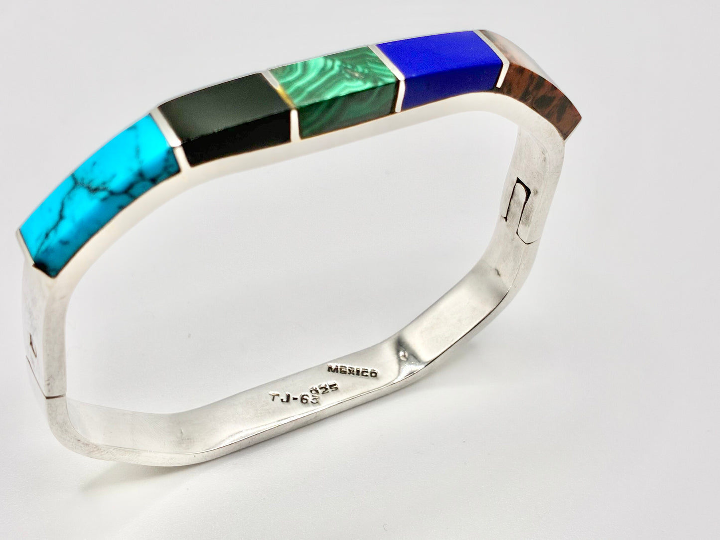 Mexico 925 Sterling Silver Multi-Stone Inlay Hinged Bangle — TJ-65