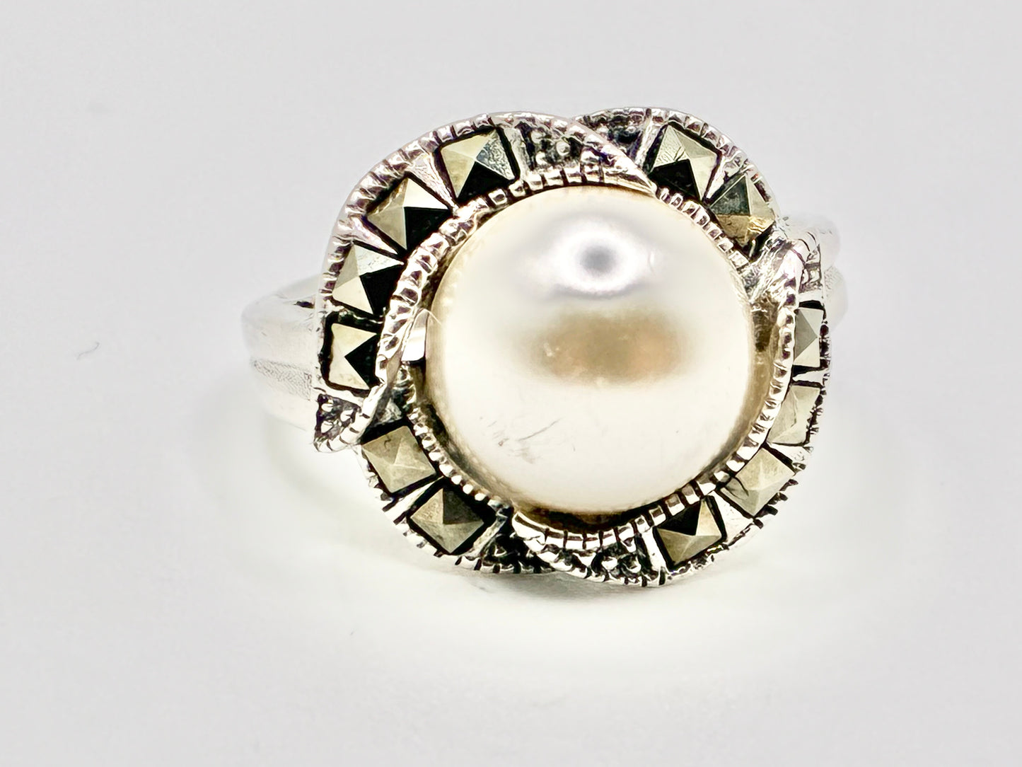 Sterling Silver 925 Pearl & Marcasite Halo Ring Size 6.75