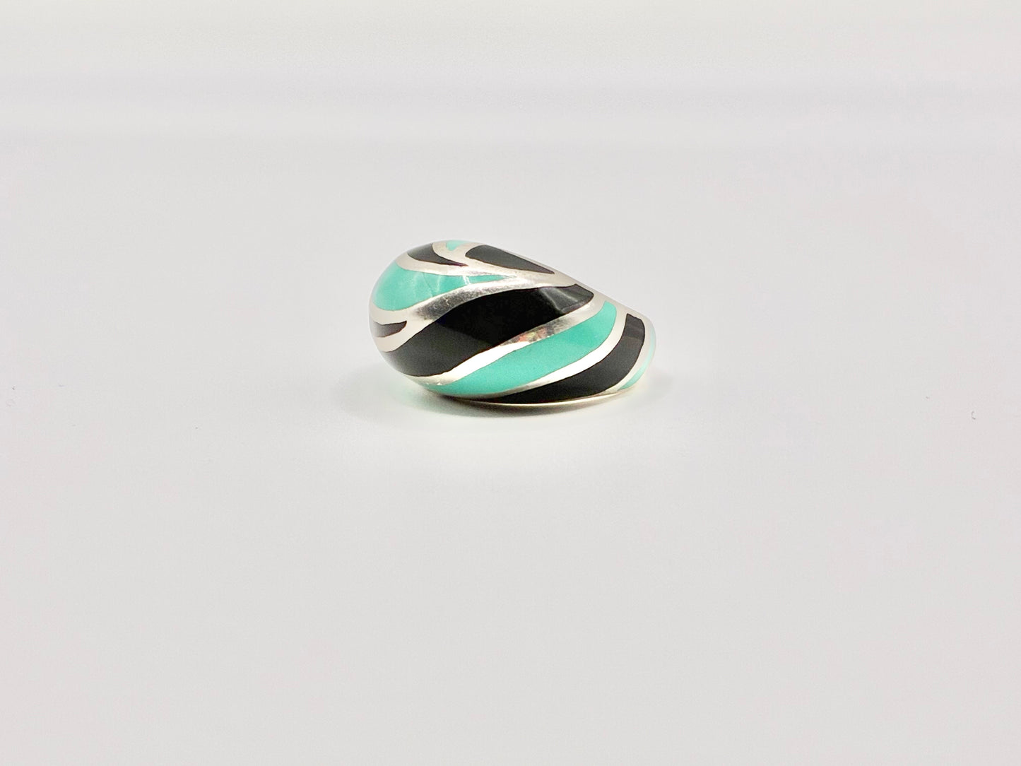 Flli Menegatti Italy Sterling Silver Enamel Ring – Black & Turquoise Modernist Band