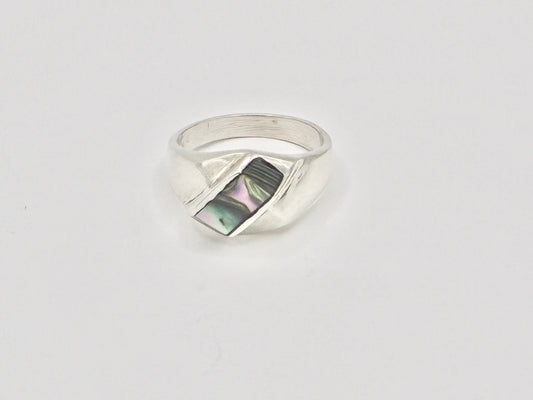 Mexico Sterling Silver 925 Abalone Inlay Ring – Modernist Geometric Signet – Size 6.5
