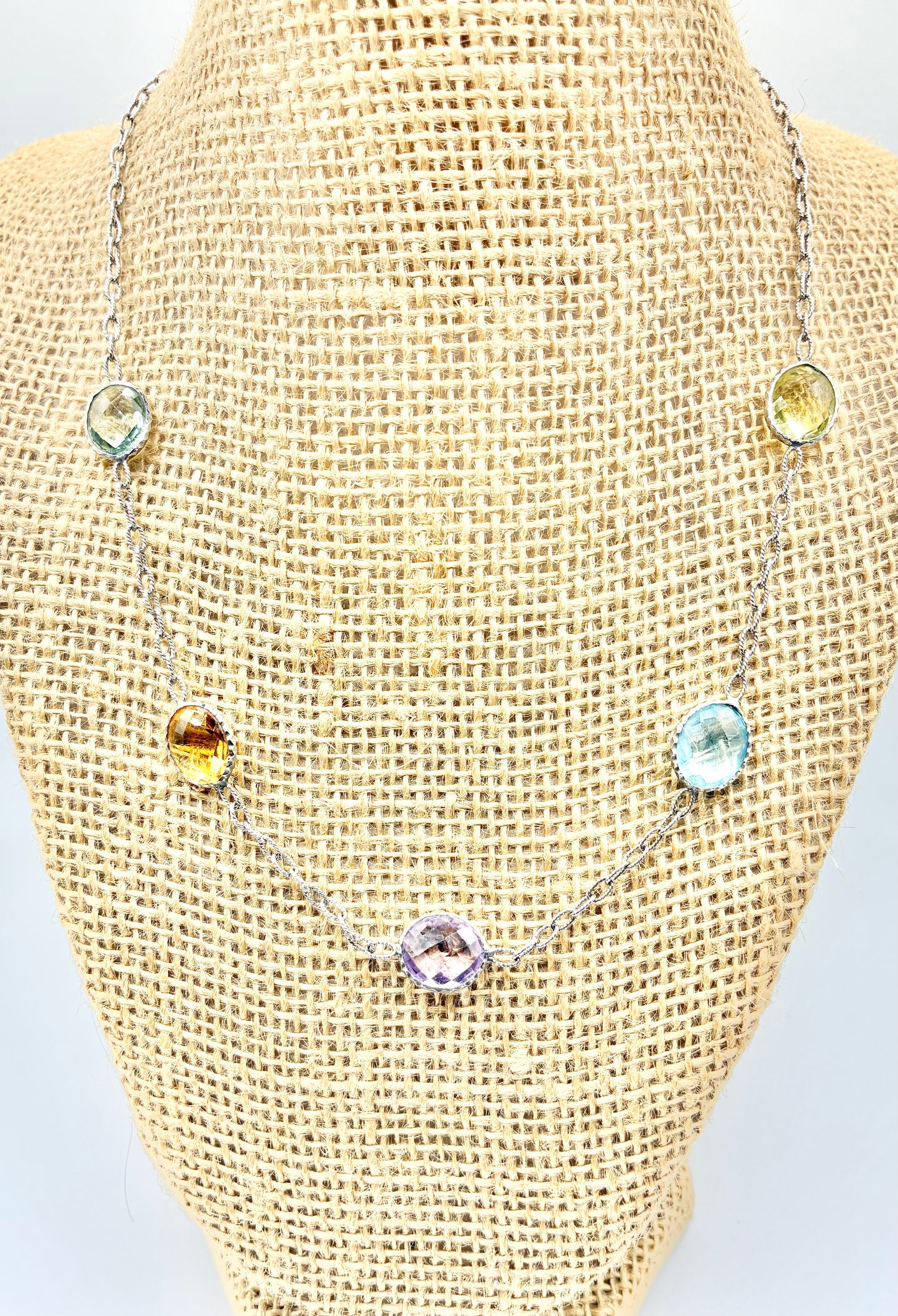 Italian Sterling Multi-Gem Station Necklace – 18”