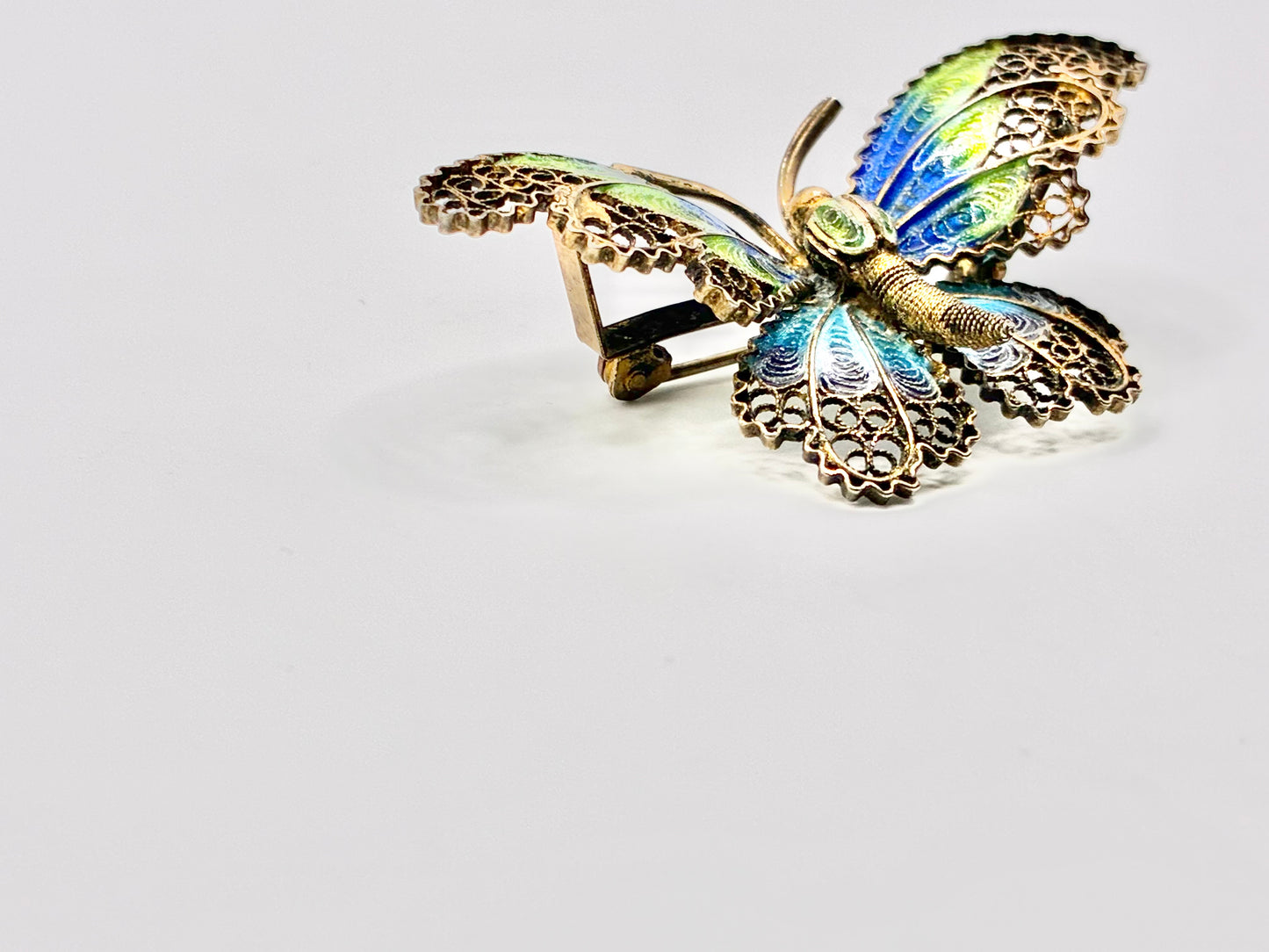 800 Silver Enamel Butterfly Brooch Filigree European Antique Style Blue Green