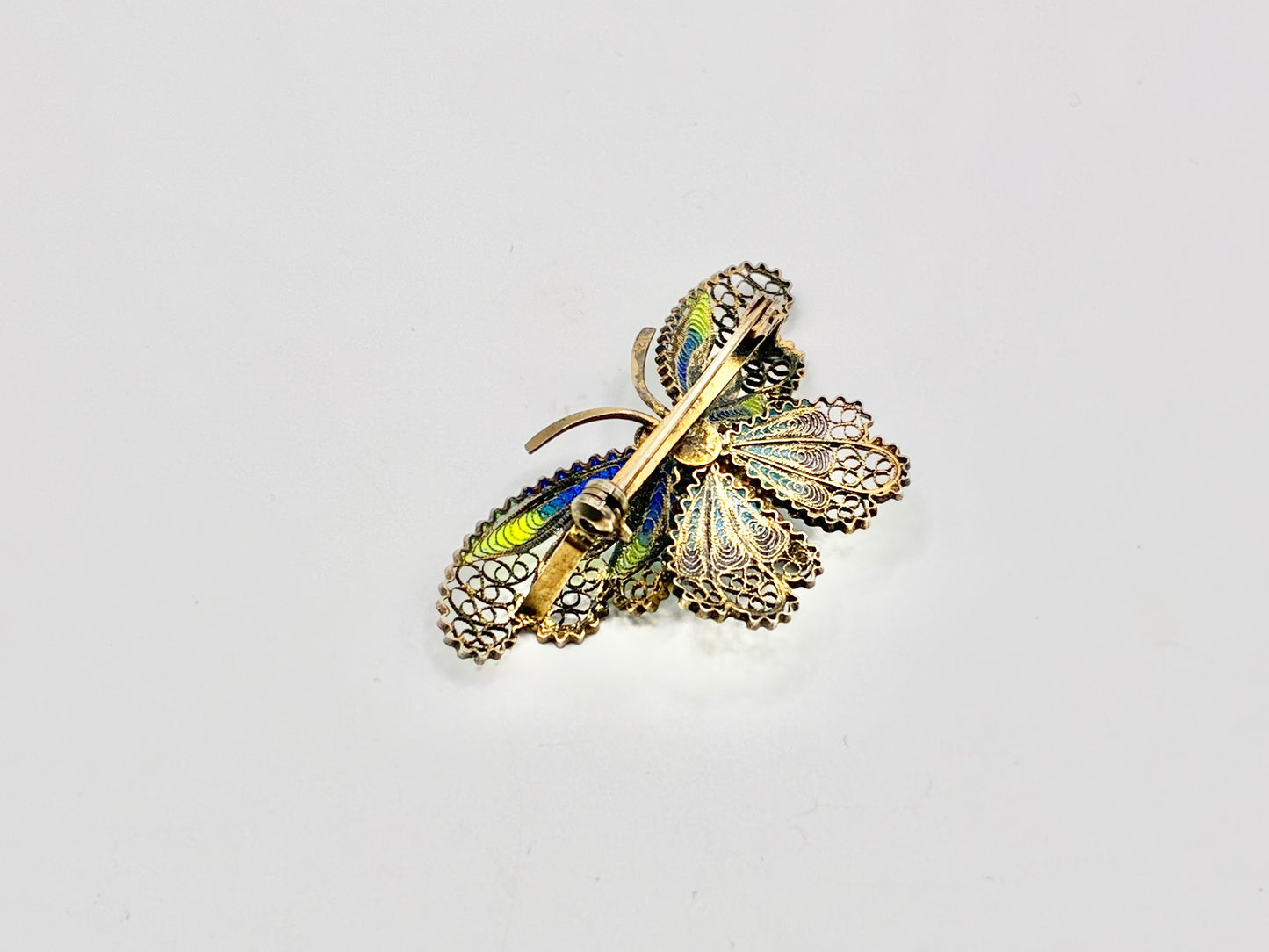 800 Silver Enamel Butterfly Brooch Filigree European Antique Style Blue Green