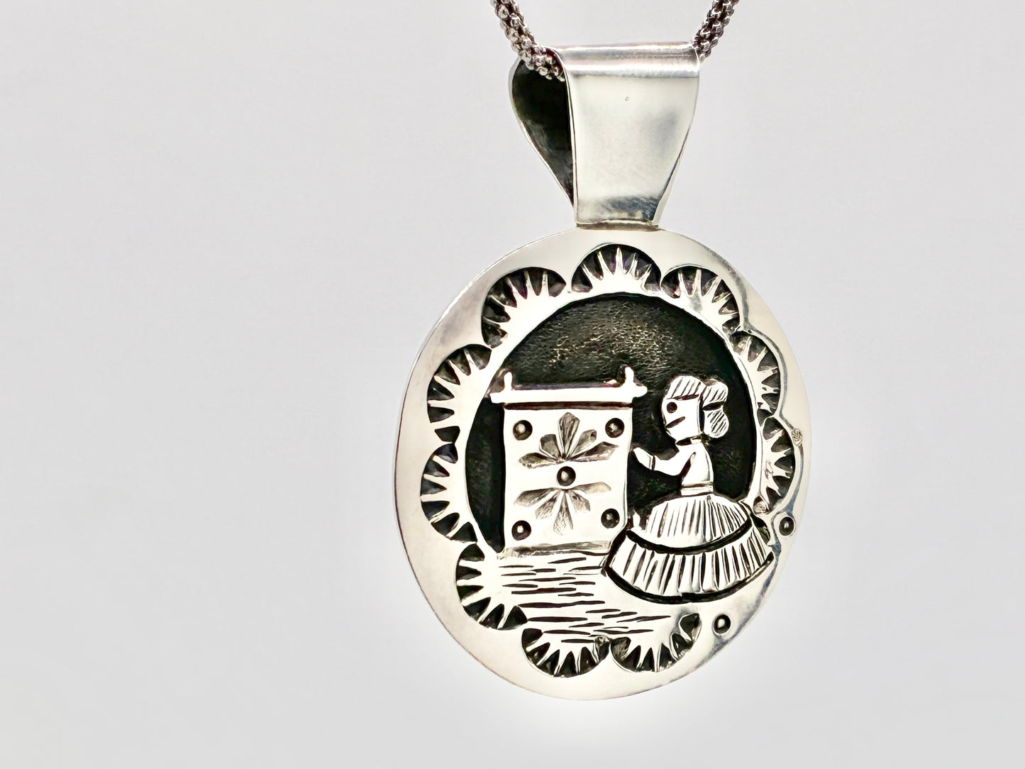 Reversible Native American Sterling Silver Malachite Storyteller Pendant & Chain