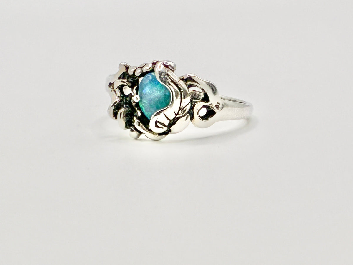 Sterling Silver Blue Cabochon Floral Scroll Ring – Size 12