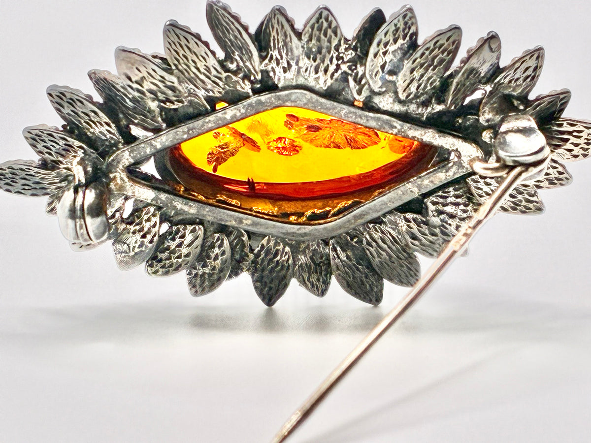 925 Sterling Silver Amber Floral Leaf Brooch Pin