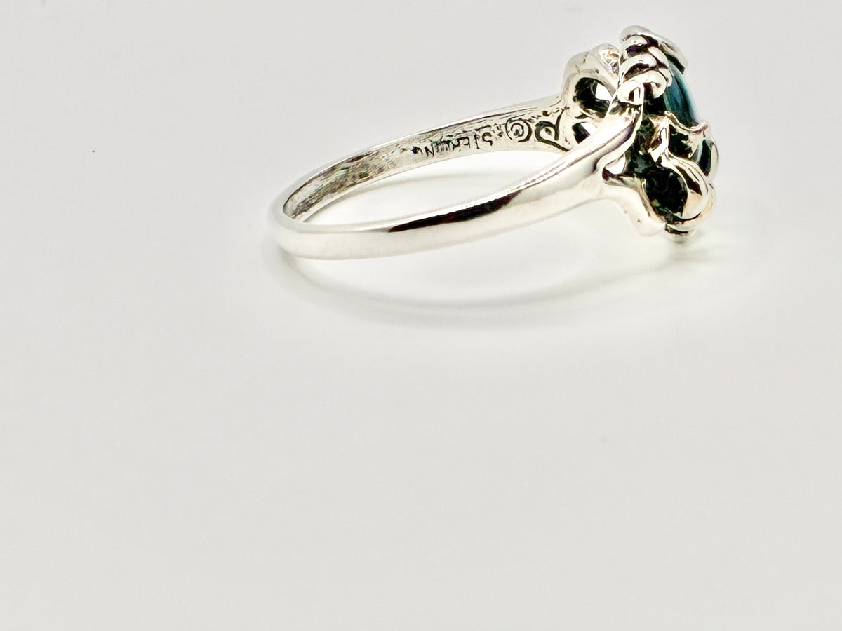Sterling Silver Blue Cabochon Floral Scroll Ring – Size 12