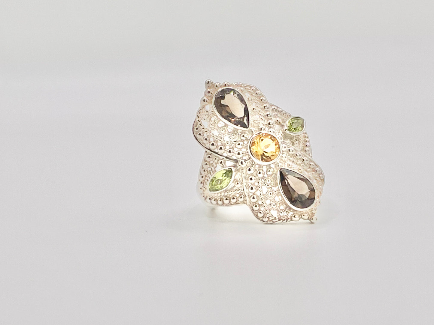 Sterling Silver Filigree Ring with Multicolor Gemstone Accents – Size 8