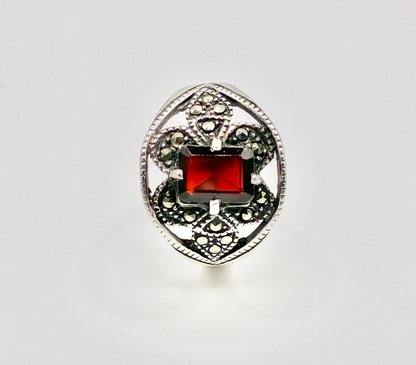 Sterling Silver 925 Marcasite & Red Stone Ring — Size 7.5