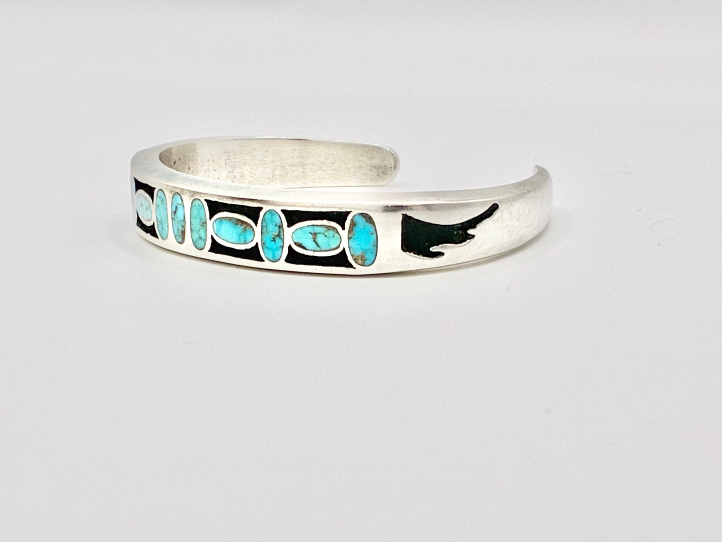 Sterling Silver Zuni Turquoise Inlay Cuff Bracelet – Solid, Heavy Gauge