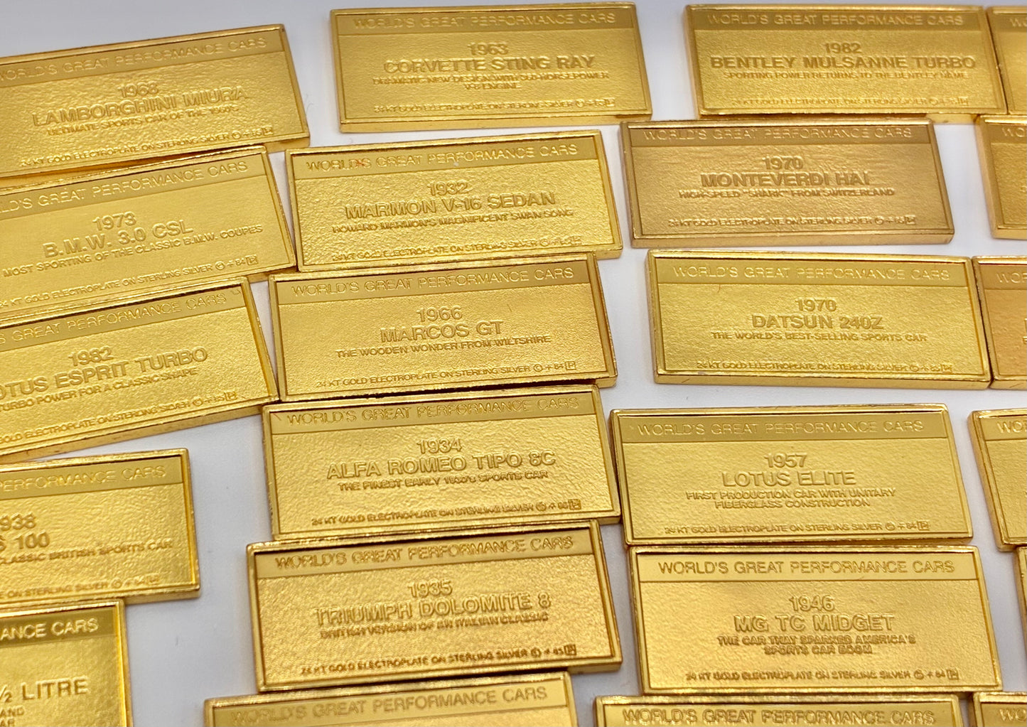 Franklin Mint 100-Piece “World’s Great Performance Cars” Mini Ingot Set – 24K Gold Electroplate on Sterling Silver