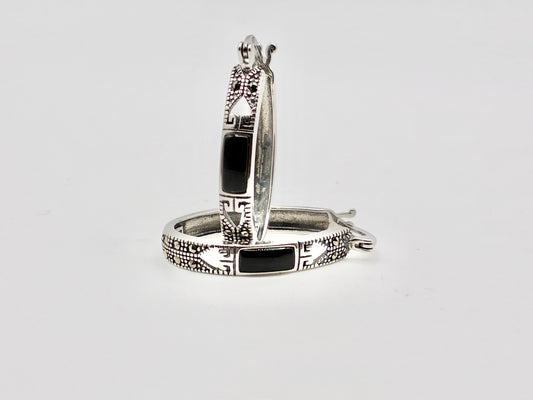 Tori Hill SLC Sterling Silver Marcasite & Black Onyx Oval Hoop Earrings