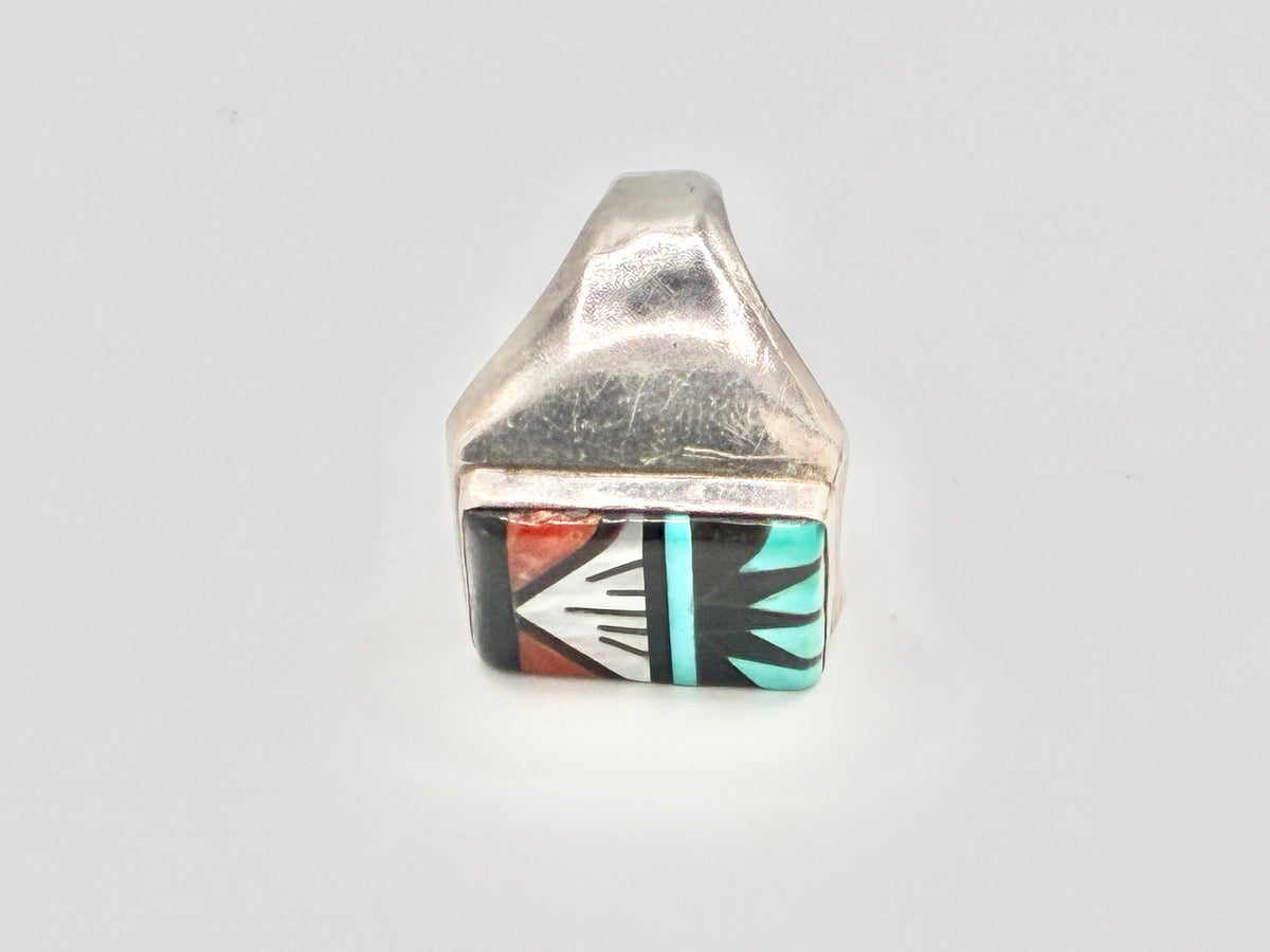 Zuni Sterling Silver Turquoise Jet Spiny Oyster Channel Inlay Ring Size 12
