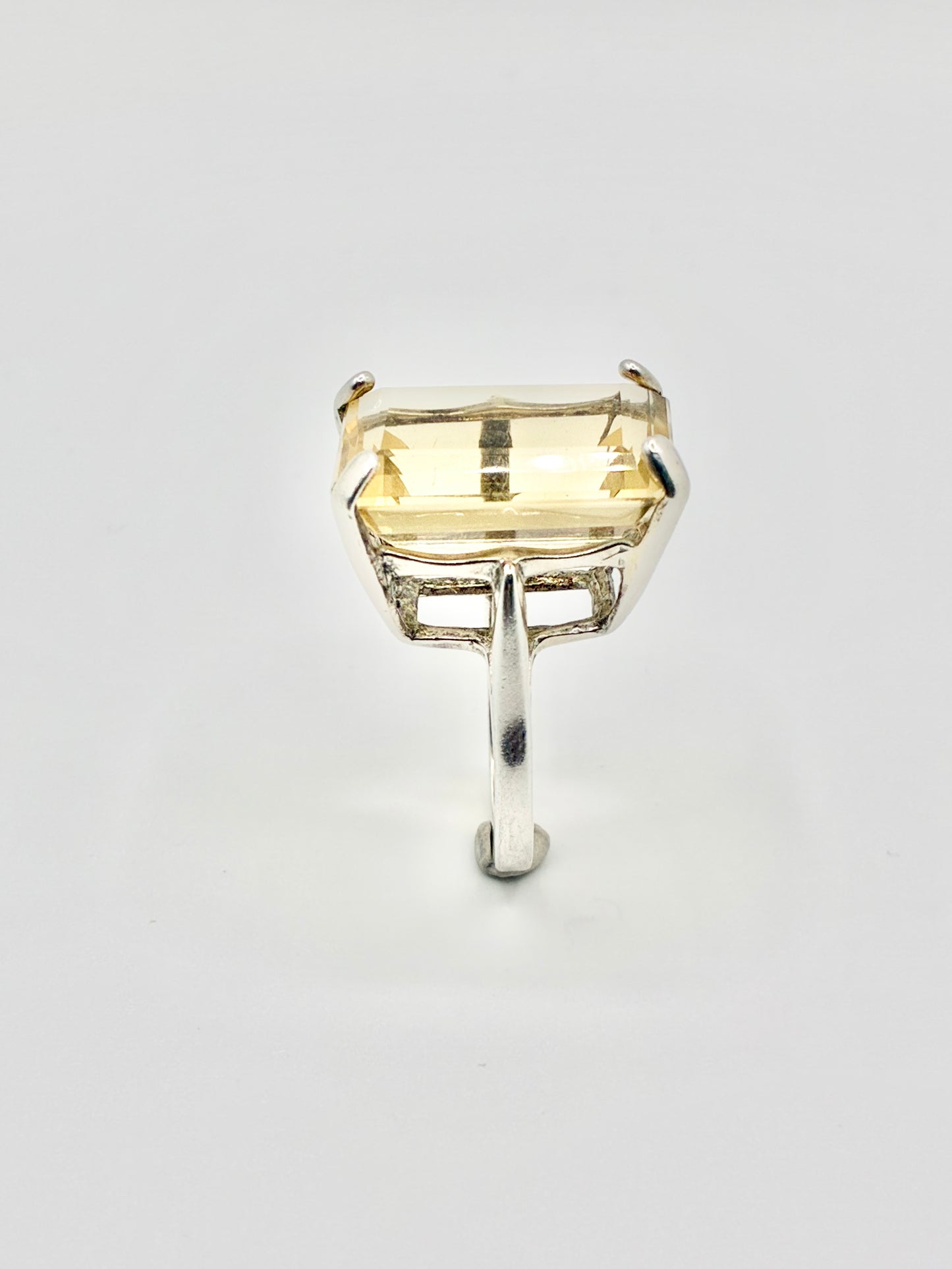 Large Emerald Cut Yellow Stone Sterling Silver Ring - Size 6