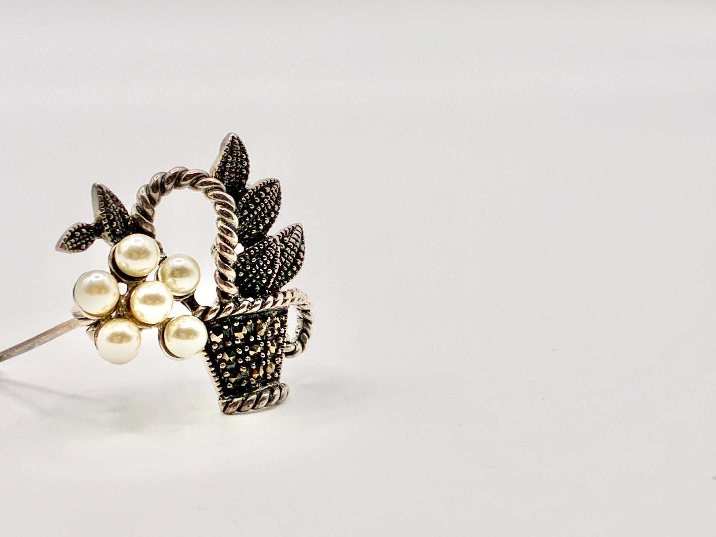 Marcasite & Pearl Flower Basket Brooch 925 Sterling Silver Pin