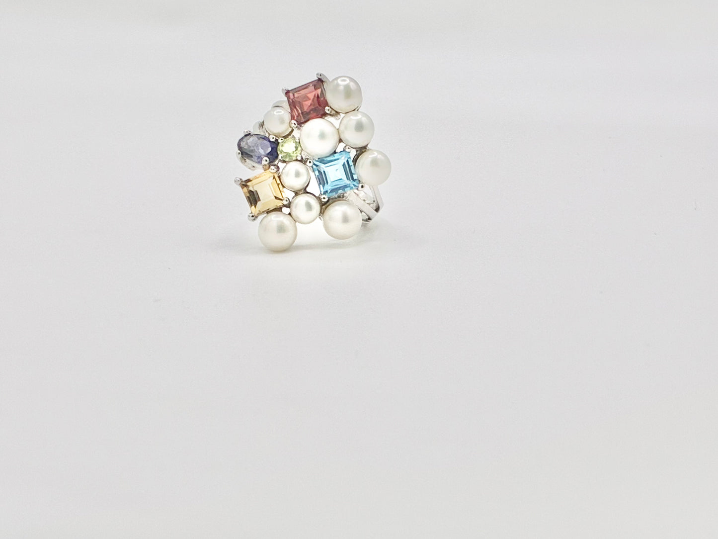 Sterling Silver Cultured Pearl & Multicolor Gemstone Cluster Ring – Size 7.25