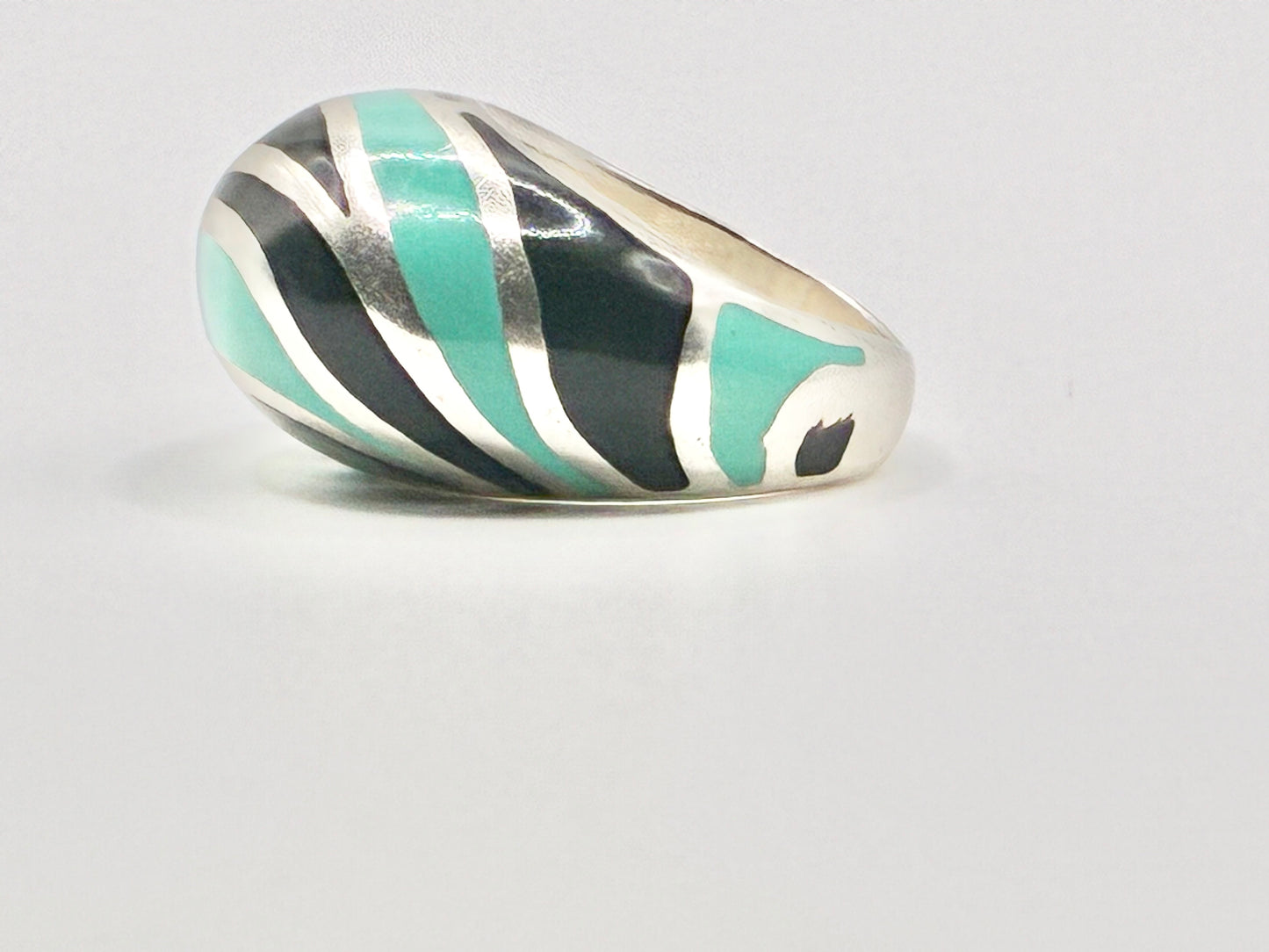 Flli Menegatti Italy Sterling Silver Enamel Ring – Black & Turquoise Modernist Band