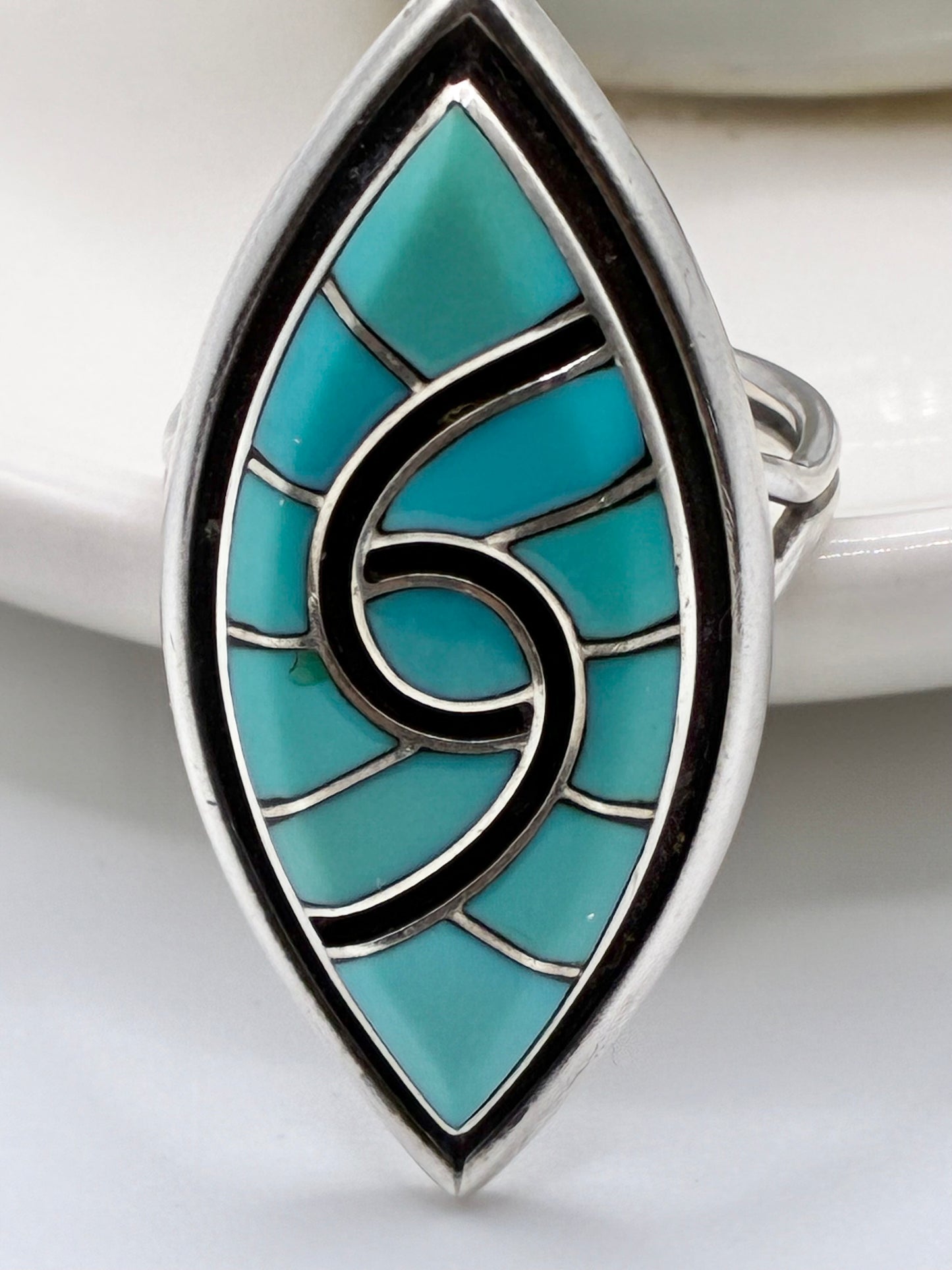 Zuni-Style “DQ” Sterling Silver Turquoise Mosaic Ring – Size 5.75
