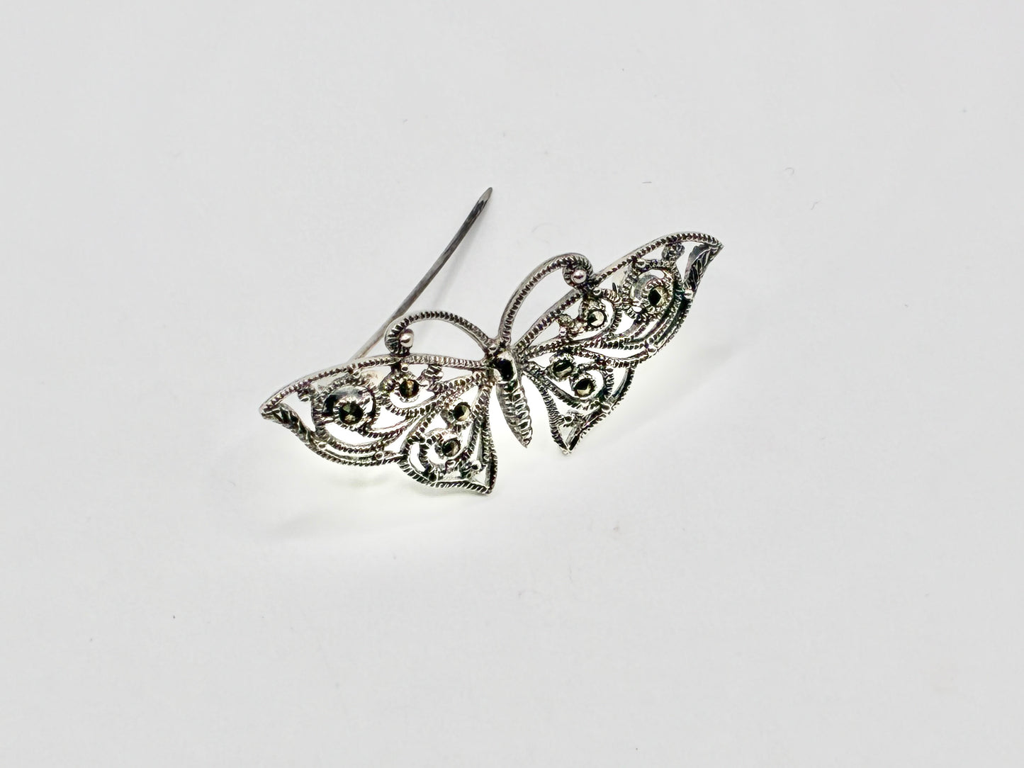 Sterling Silver Butterfly Brooch – Openwork Filigree with Marcasite Detail