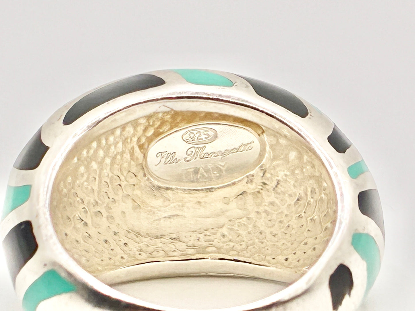 Flli Menegatti Italy Sterling Silver Enamel Ring – Black & Turquoise Modernist Band