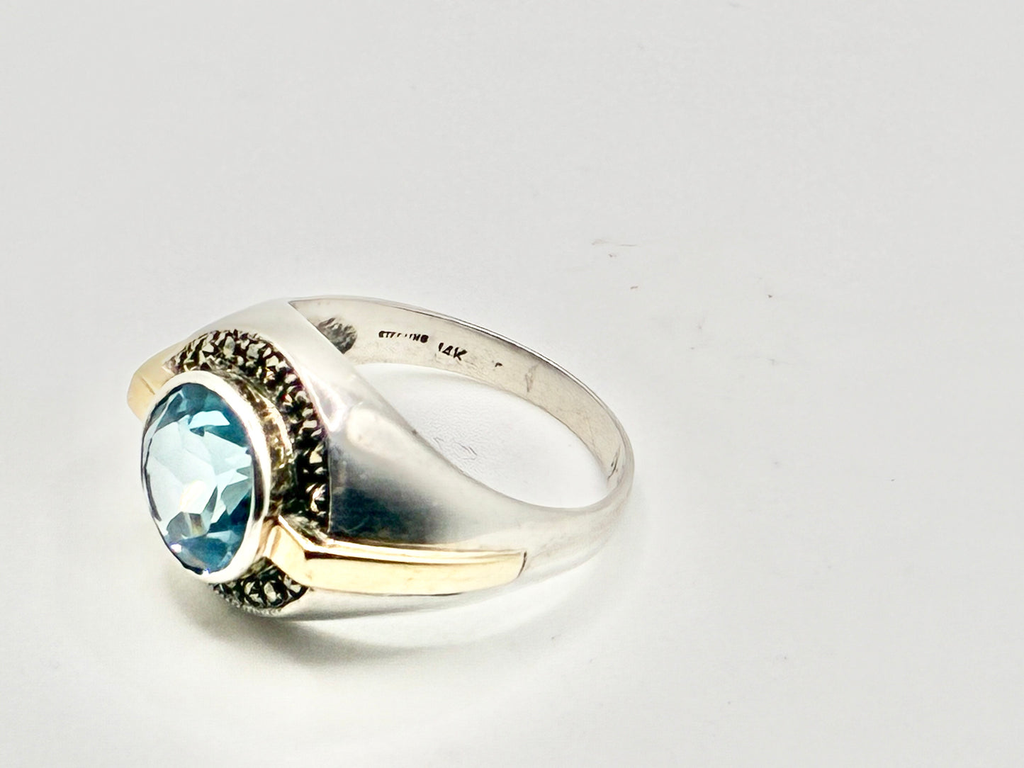 Sterling Silver & 14K Gold Blue Gem Ring – Size 9.5