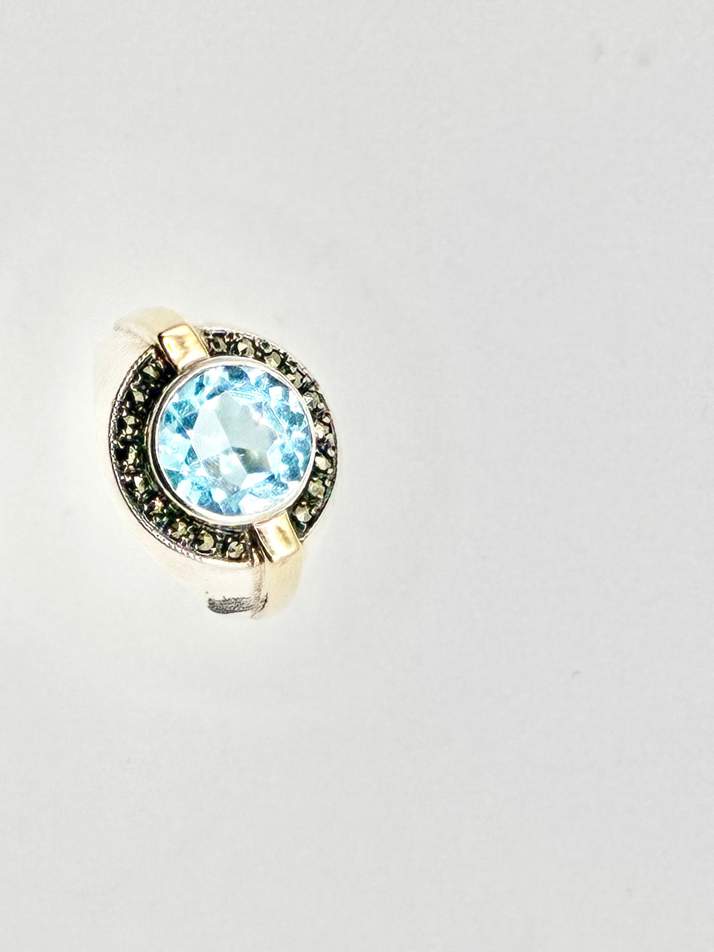 Sterling Silver & 14K Gold Blue Gem Ring – Size 9.5
